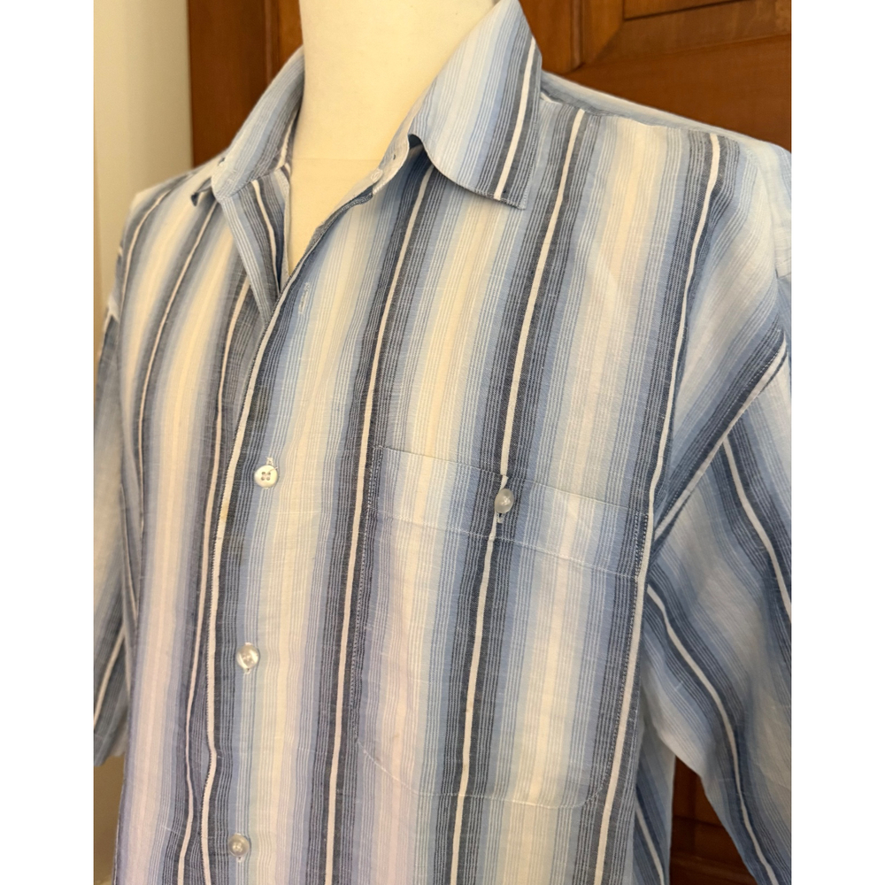 Jordan Craig Mens 100% Linen‎ Shirt XL Blue Striped Casual Coastal Beach Wedding